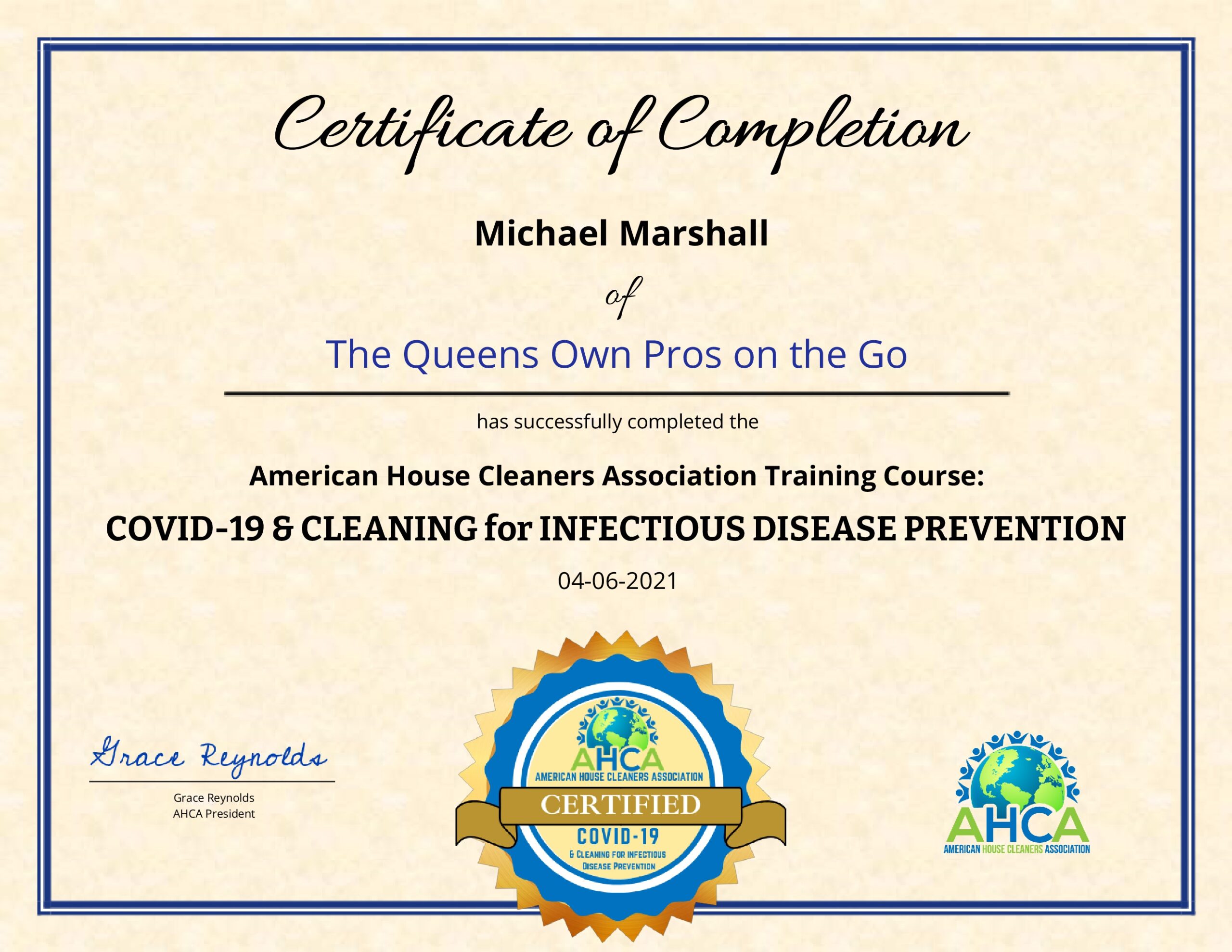 American House Cleaners Covid 19 Certificate